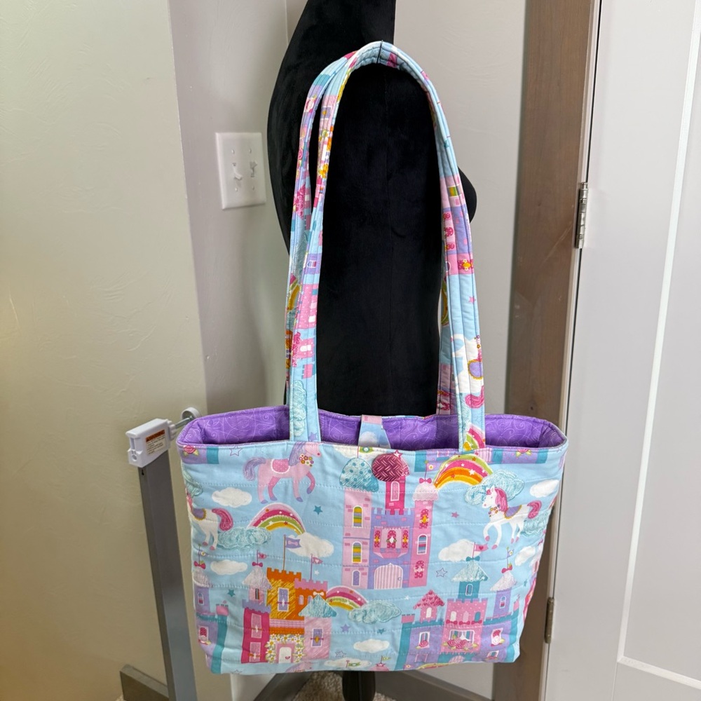 Handmade Quilted‎ Tote Bag Castles Unicorns Fantasy Pink Purple Blue Large Purse